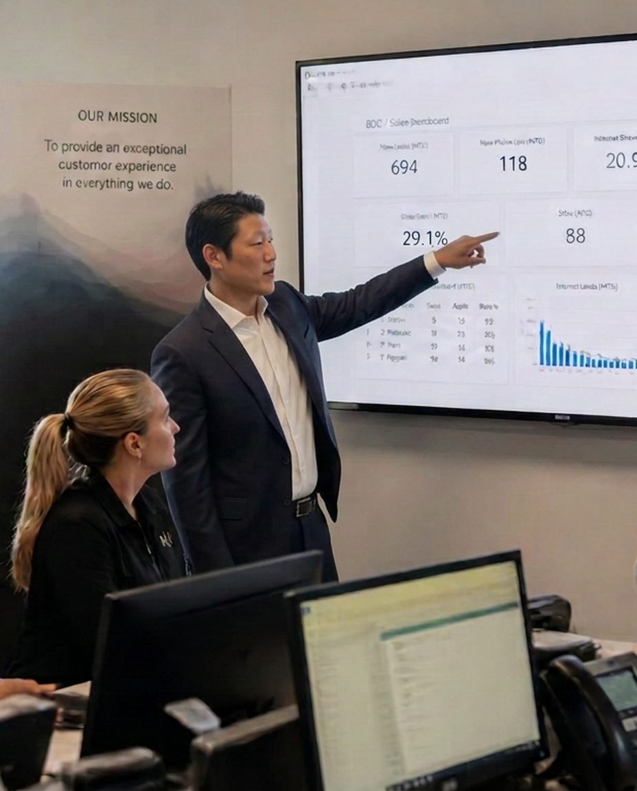 Dealer Intelligence Group founder presenting a BDC and sales dashboard to a diverse dealership team in a real sales office